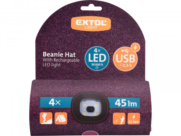 Extol Light 43461 čepice s čelovkou 4x45lm, USB nabíjení, fialová/černá, univerzální velikost 